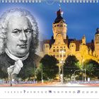 "Bach-Stadt Leipzig, Deutschland" und "Bach City Leipzig, Germany" vor historischer Architektur, Portrait von Bach.