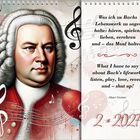 Zitat von Albert Einstein zu Bachs Lebenswerk. Illustration von Bach mit Musiknoten und Kalender für Februar 2027.
