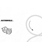 Text „AUTOSPIELE“; zwei Würfel; eine Straße bildet eine Schleife mit einem Pfeil.