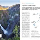 "Route 2 | Von Stavanger nach Bergen. Auf in den Westen!" Links: tiefes Tal mit Wasserfall, rechts: Text mit Route und Karte.