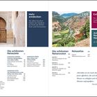 Inhalt, Mehr entdecken, ausgewählte Routen, Extrastadtpläne. Links: steinerner Eingang, Person. Rechts: Landschaft, Esel.