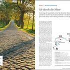 Ab durch die Mitte. Eine gepflasterte Allee von Bäumen gesäumt, Karte zeigt Route durch Deutschland.