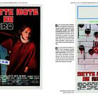 Links: "SETTE NOTE IN NERO" in roter Schrift auf schwarzem Hintergrund, mit einer Frau in rotem Mantel. Rechts: Wand mit Blut.