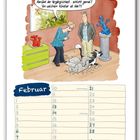 Kalenderblatt für Februar mit Zeichnung: Eine Person bewundert eine kaputte Vase, während eine Katze daneben steht.