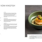 Ceviche vom Kingfish, für 4 Personen. Zutaten und Zubereitung für Ceviche und Leche de Tigre beschrieben. Grüne Schale mit Gericht.