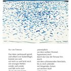 Auf der Terrasse. Das Meer perlensanf gerieft und silbern, leckt mich mit winzigen Wellen. Februar. Kalenderblatt mit Malerei.