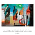 „Wer nicht lange und geduldig zuhören kann...“. Gemälde mit abstrakten menschlichen Figuren in kräftigen Farben. Darunter: Februar, mit Kalenderdaten.