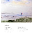 Text von Rainer Maria Rilke: „Vorüber die Flut...Verlief im Sand.“ Aquarell: Strandlandschaft, zwei Figuren am Horizont. Darunter Kalender Februar 2021.