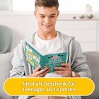 Ein Jugendlicher liest ein Buch mit dem Titel „Level Up Dein Gehirn“. Ein gelbes Banner sagt: Ideal als Geschenk für Teenager ab 12 Jahren.