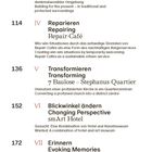 Texte im Bild: Verinnerlichen, Reparieren, Transformieren, Blickwinkel ändern, Erinnern, mit Beschreibungen zu Architekturprojekten.