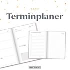 2027 Terminplaner. Ein offener Planer zeigt Seiten für März, TO-DO-Listen und Notizen. Goldene Punkte im Hintergrund.