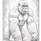 Illustration eines mächtigen Gorillas im Dschungel, muskulös und aufrecht stehend, umgeben von Blättern und Ästen.