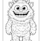 Ein fröhliches Monster mit großen runden Augen, kleinem Hornpaar und zotteligem Fell. Es lächelt breit und steht da.