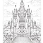 Keine Texte. Eine detaillierte Illustration einer gotischen Kathedrale mit Treppen, Bäumen und einer Christusstatue oben.