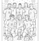 Nummern auf Trikots: 9, 10, 7, 19, 17. Gruppe von Fußballspielern posiert mit einem Pokal im Stadion.