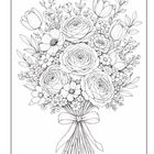 Keine Texte vorhanden. Illustration eines Blumenstraußes mit Rosen, Tulpen und anderen Blüten, gebunden mit einer Schleife.