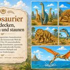 Ein Dinosaurier steht in einer prähistorischen Landschaft mit rauchendem Vulkan, Palmen und Felsen. Illustration ohne Text.