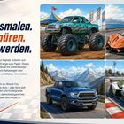 "PRE-STAGE" und "STAGE" an Ampel. Ein rotes, klassisches Rennauto mit Qualm an Reifen, Berge im Hintergrund.