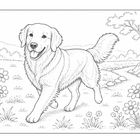 Illustration eines Hundes, der fröhlich in einer Wiese mit Blumen, Bäumen und einem Bach im Hintergrund läuft.