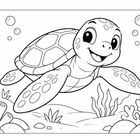 Eine fröhliche Schildkröte schwimmt in einer einfachen Unterwasserwelt mit Pflanzen, Korallen und aufsteigenden Blasen.
