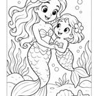 Illustration: Zwei fröhliche Meerjungfrauen, eine erwachsene und ein Kind, umgeben von Pflanzen, Muscheln und einem Seestern.