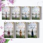 Buchtitel: "Morgan's Hall" von Emilia Flynn. Sechs Buchcover mit ländlichen Landschaften und Frauen in historischen Kleidern.
