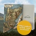 Farbenfrohe Landkarte von Kelp-Gard, Berge und Wälder erkennbar. Logo: Kampenwand Verlag. Gelber Kreis betont Text.