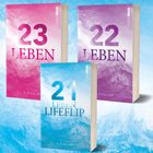"23 LEBEN", "22 LEBEN", "21 LEBEN LIFELFLIP" als Buchcover. Bunte Wolkenhintergründe. Dreimal C.P. Haller.