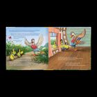 Ein Entenpaar in Kleidung spricht mit Küken; links im Garten, rechts im Haus vor einem Fenster.