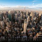 "Manhattan von oben", Kalenderansicht mit Daten und Tagen, viele Wolkenkratzer in einer städtischen Landschaft bei Sonnenuntergang.