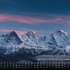 Kalender mit Bergnamen und Höhen: Eiger (3.967 m), Mönch (4.107 m), Jungfrau (4.158 m). Darunter schneebedeckte Berge im Abendlicht.