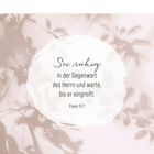 „Sei ruhig in der Gegenwart des Herrn und warte, bis er eingreift. Psalm 37,7.“ Blassrosa Hintergrund mit Pflanzenmustern.