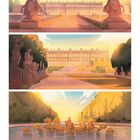 Auf dem Bild steht unten die Zahl "3". Oben ist ein Schloss in warmem Sonnenlicht mit Statuen und einem Brunnen dargestellt.