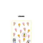 Text "LÖSUNG:", zwei gezeichnete Hunde mit Eis, viele bunte Eistüten und eine Ananas in einem Kreis.