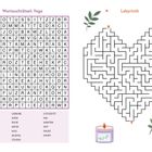 "Wortsuchrätsel: Yoga" oben, "Labyrinth" rechts. Wörter wie ASANA, ÜBUNG. Links Wortsuchrätsel, rechts herzförmiges Labyrinth.