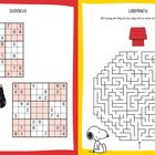 Links oben: "SUDOKUS". Rechts oben: "LABYRINTH". Links zwei Sudokus mit einer Figur, rechts Snoopy vor einem Labyrinth.