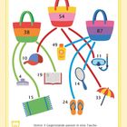 Text: 38, 54, 87, 10, 4, 19, 15, 49, 11, 14, 24, 33. Verbinde 3 in eine Tasche. Drei bunte Taschen, diverse Urlaubsgegenstände.
