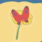 Illustration eines roten Schmetterlings auf gelber Blume, umgeben von gepunktetem blau-gelbem Hintergrund.