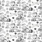 Illustration mit Figuren, die schlafen und entspannen, umgeben von Pfotenabdrücken, Herzen, Blumen und Futterschalen.