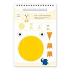 Falt- und Schneideübung für eine Eule mit Anweisungen und Formen zum Ausschneiden, darunter ein gelber Kreis und Dreiecke.