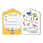 Links: „Die letzten Buchstaben des Alphabets“ mit Y und Z. Rechts: Alphabet-Rätsel mit Schreibwaren-Illustrationen.