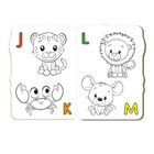 J, K, L, M in Farbe neben süßen Tierillustrationen: Leopard, Krabbe, Löwe, Maus.