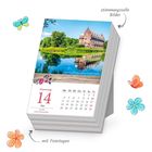 Donnerstag, 14. Mai, Christi Himmelfahrt. Kalender mit Landschaftsbild von Wasserschloss und bunten Blumenillustrationen.