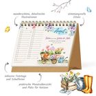 Schreibtischkalender für August mit Blumenillustrationen und dem Zitat: "Farben sind das Lächeln der Natur..." von Leigh Hunt.