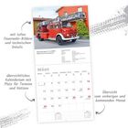 Text: "mit tollen Feuerwehr-Bildern und technischen Details", "übersichtliches Kalendarium", "Übersicht vom vorherigen". Feuerwehrfahrzeug.