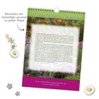 "Unser Garten im September." Rückseiten enthalten Gartentipps. Farbenfrohe Illustration mit Blumen und einem Gartenstuhl.