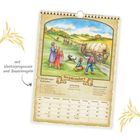 Kalenderblatt "September" mit Wetterprognosen, Bauernregeln und ländlicher Illustration einer Ernteszene.