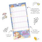 Text: "Alles, was ich brauche, ist Eiscreme!", "übersichtlicher Wandkalender mit 5 Spalten", "Lachen ist gesund", "viel Platz für Termine". Illustration eines Kalenders mit Bär und Eis.