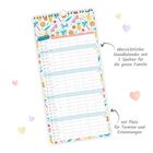 Ganz oben steht "Juli". Daneben: "übersichtlicher Wandkalender mit 5 Spalten für die ganze Familie". Darunter ist ein bunter Kalender.