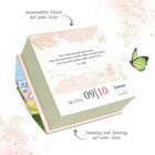 Zitat: "Das Glück besteht nicht darin..." Datum: 09|10 Januar. Notiz "ausgewählte Zitate" mit Pfeil. Illustriertes Buch mit Schmetterling.